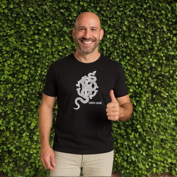 Roberto Caballi Men’s Graphic Shirt White Snake Short Sleeve Pullover RARE Tee - Picture 1 of 11